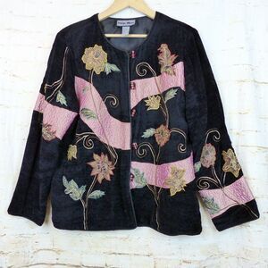 Indigo Moon Jacket Women L Black Pink Velour Floral Embroidered Patchwork Boho